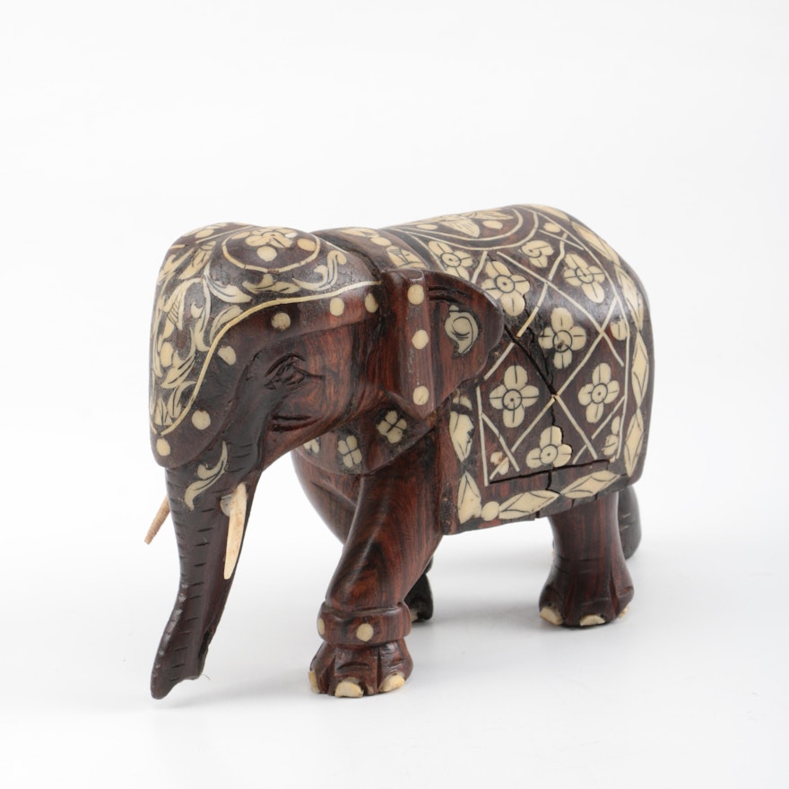 Carved Wooden Elephant Sculpture With Bone Inlay