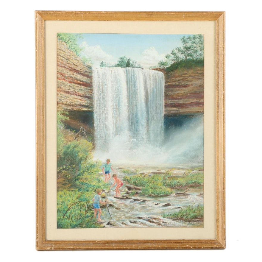 Pastel Drawing on Paper of Waterfall Scene