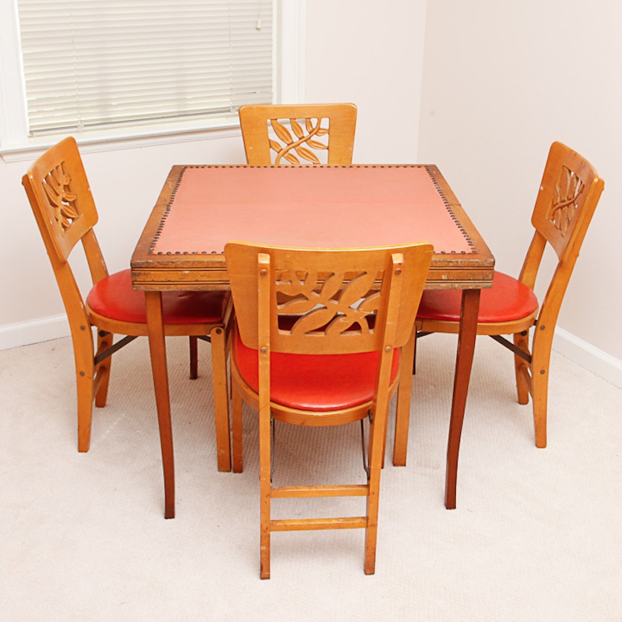 Mid-Century Folding Game Table and Four Leaf-Carved Side Chairs by Stakmore