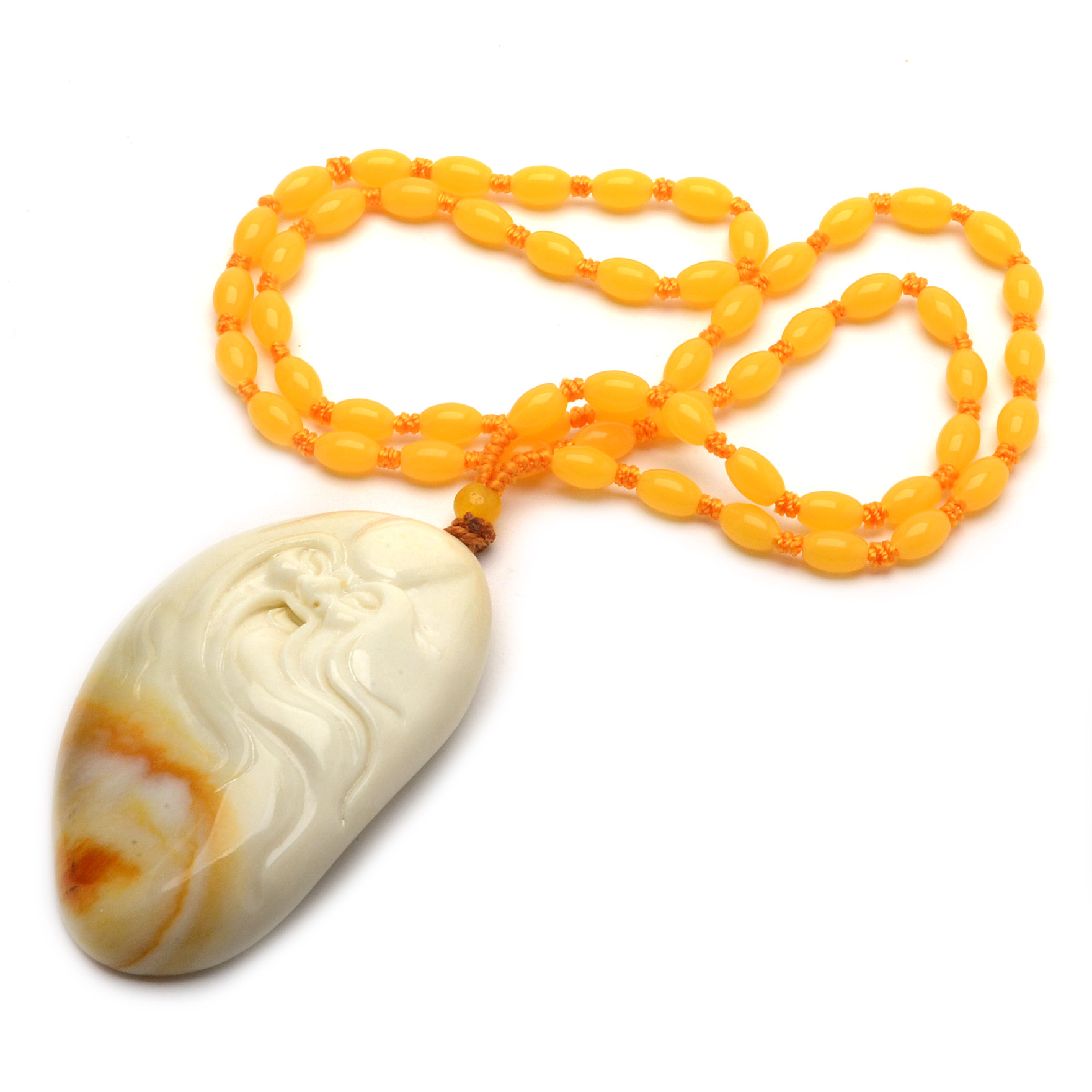 Chinese God of Longevity Carved Serpentine Pendant Necklace