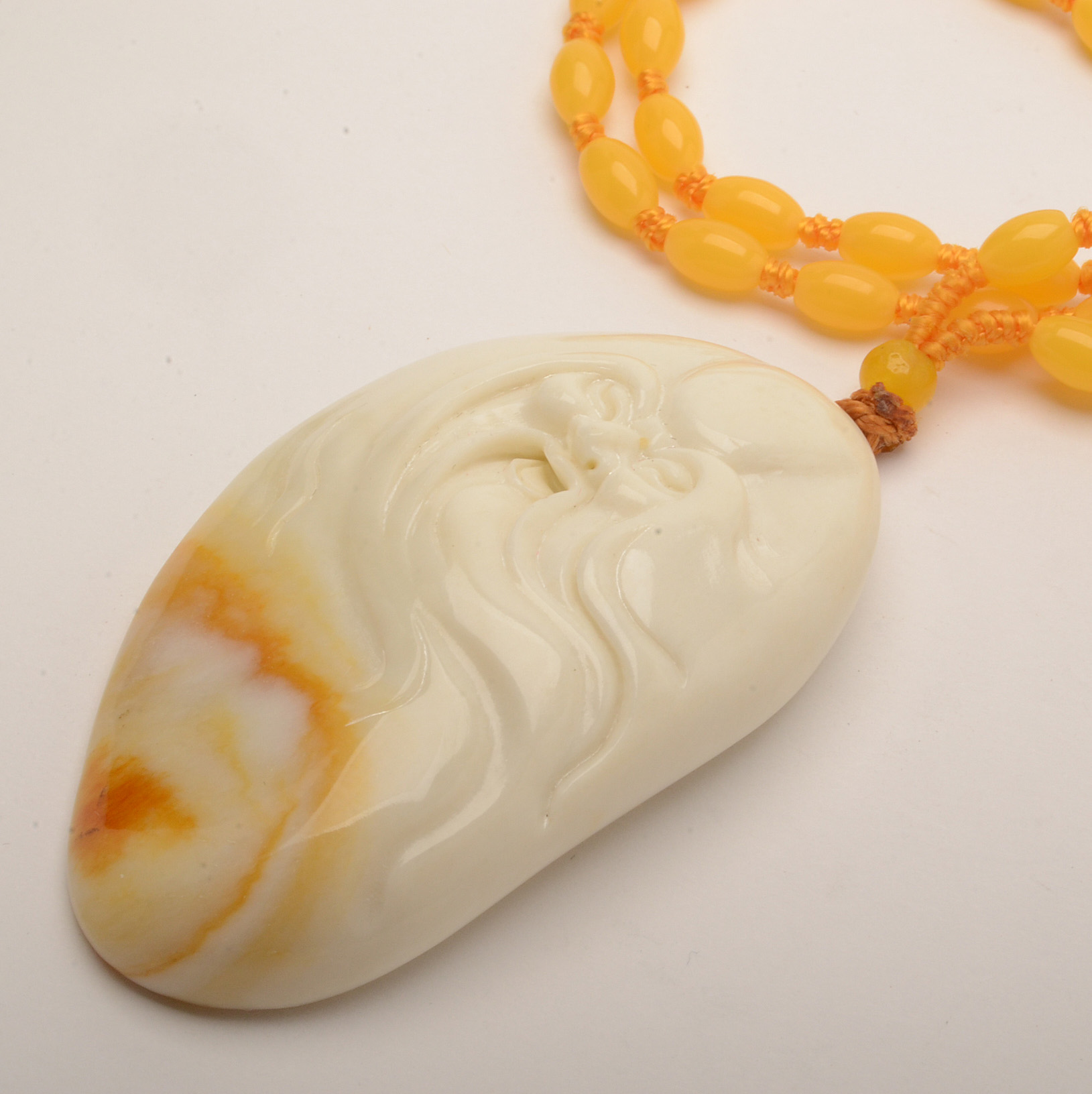 Chinese God of Longevity Carved Serpentine Pendant Necklace