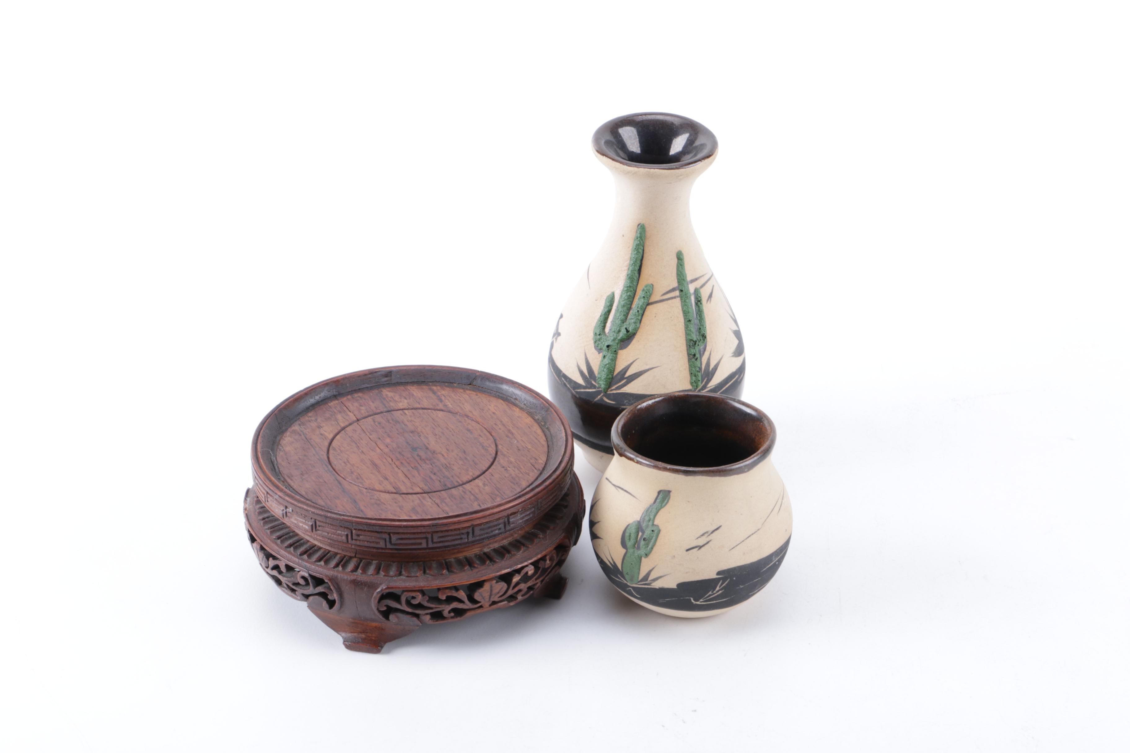 Small Ceramic Pots and Wooden Stand