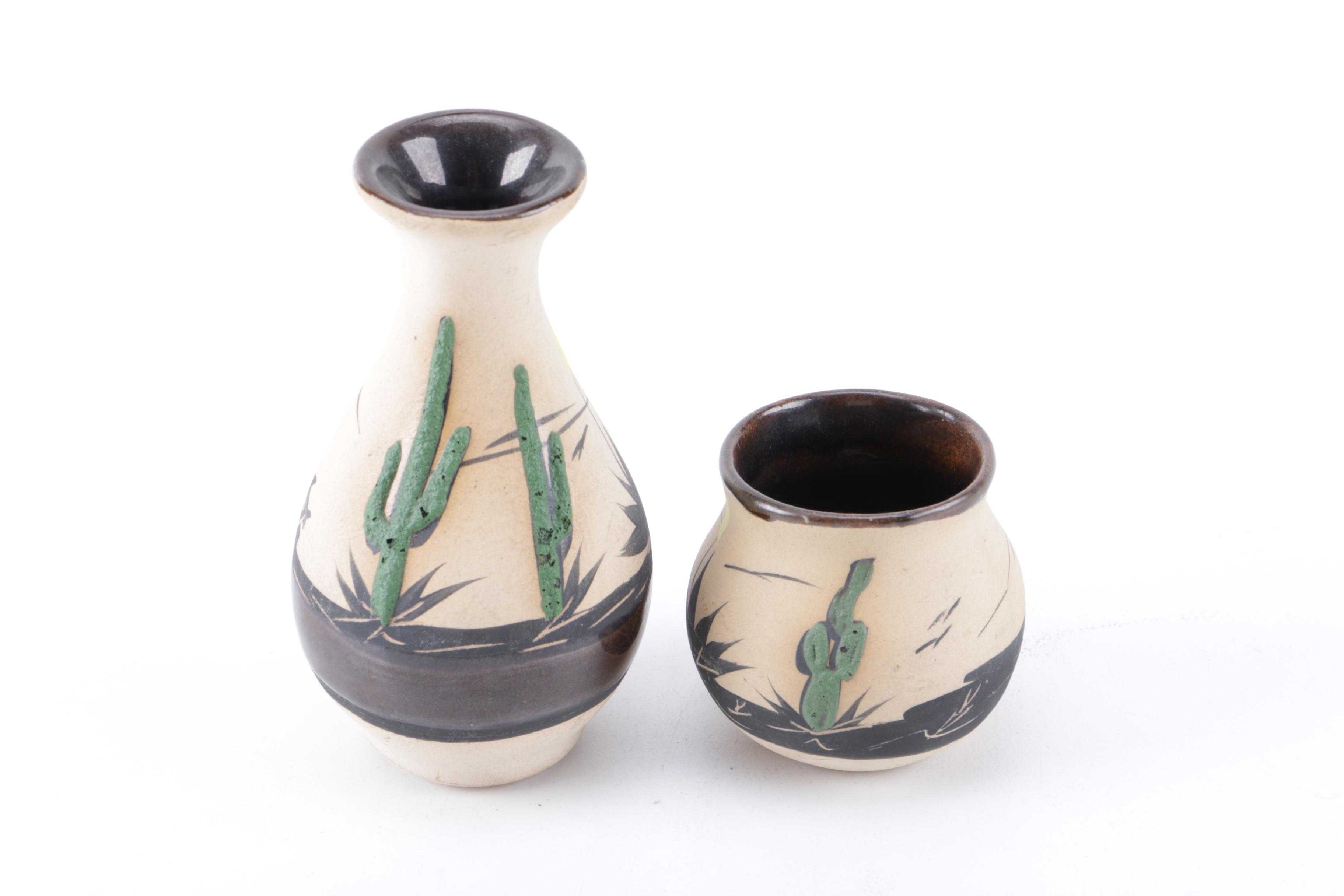 Small Ceramic Pots and Wooden Stand