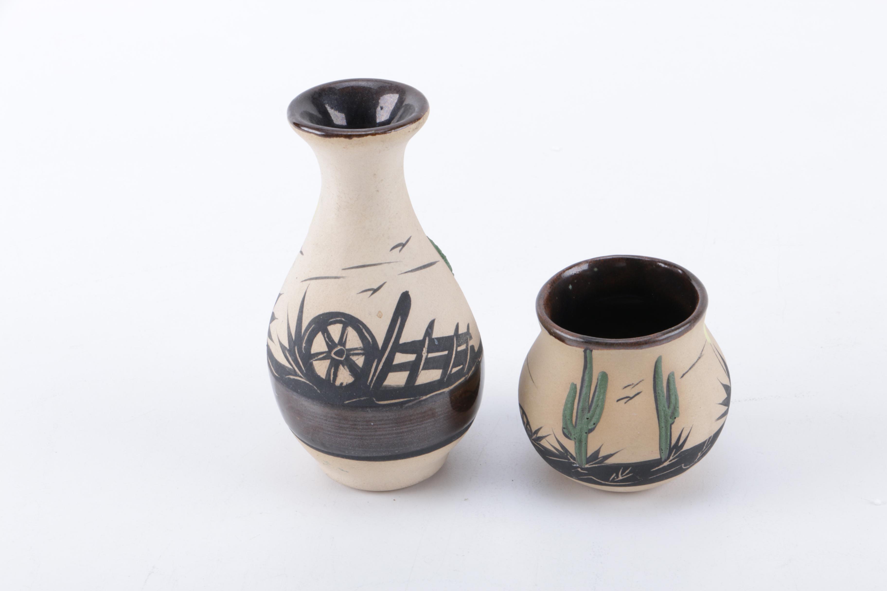 Small Ceramic Pots and Wooden Stand