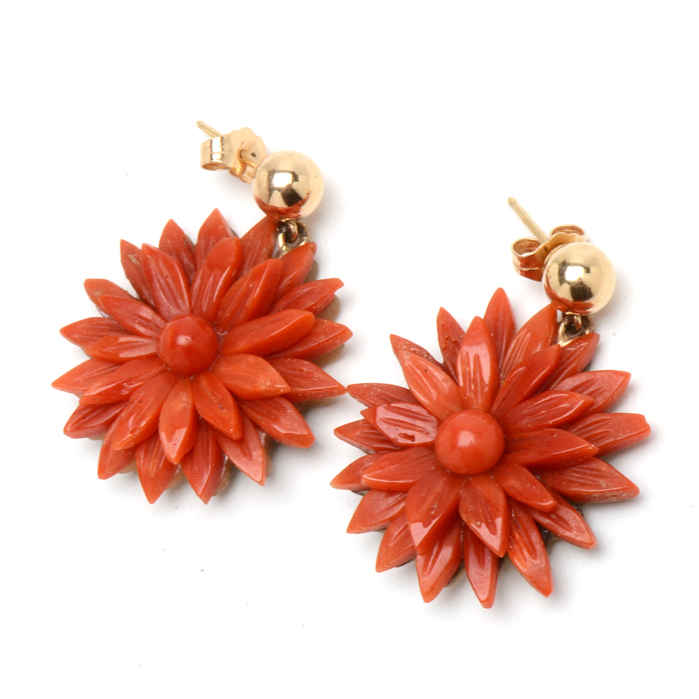 14K Yellow Gold and Carved Red Coral Earrings