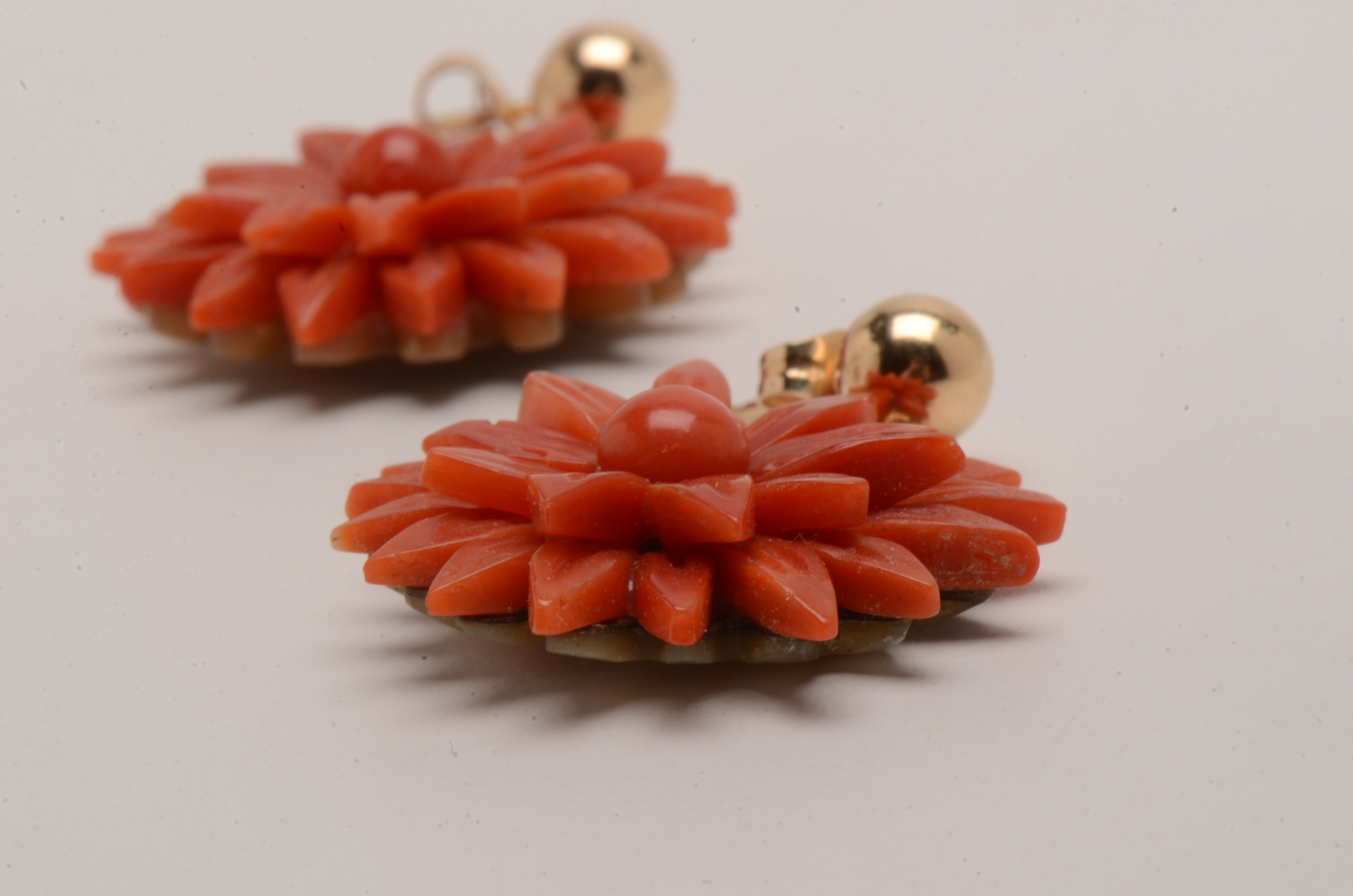 14K Yellow Gold and Carved Red Coral Earrings