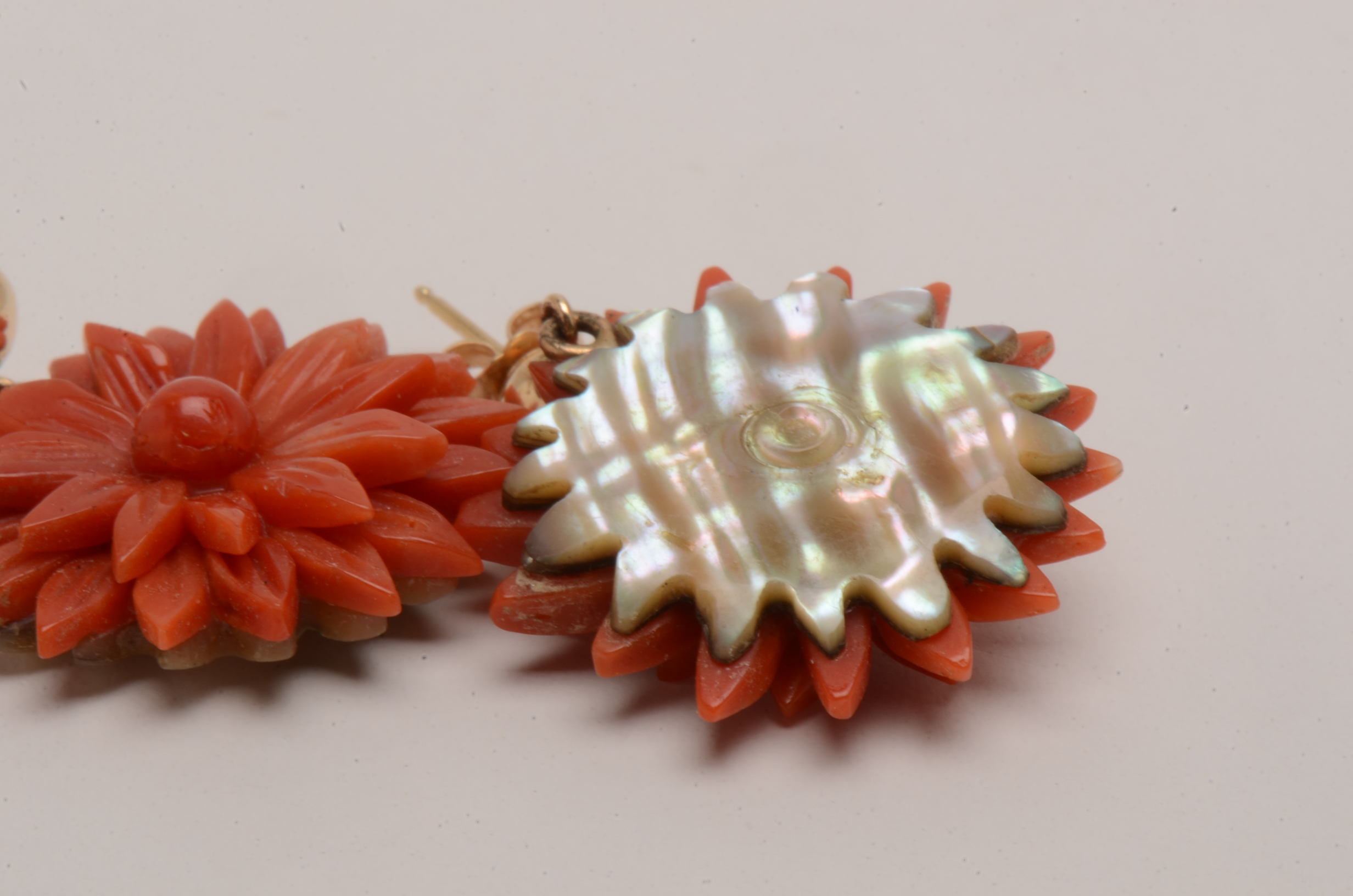 14K Yellow Gold and Carved Red Coral Earrings