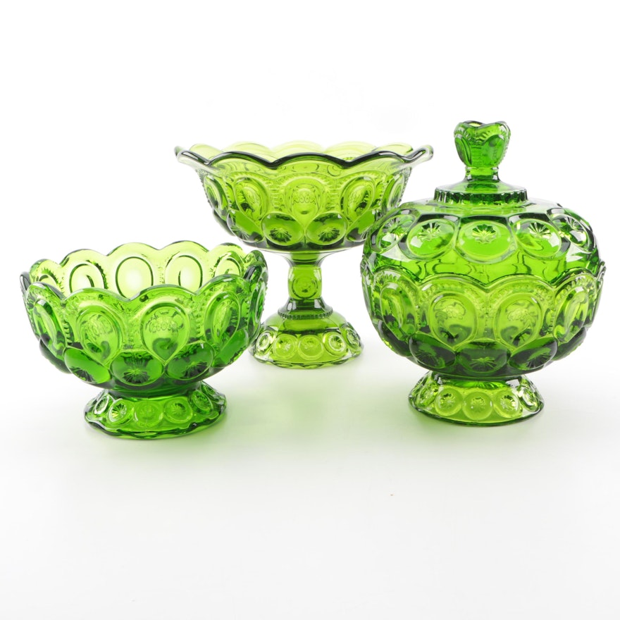 Green "Moon and Stars" Pressed Glass Candy Dishes