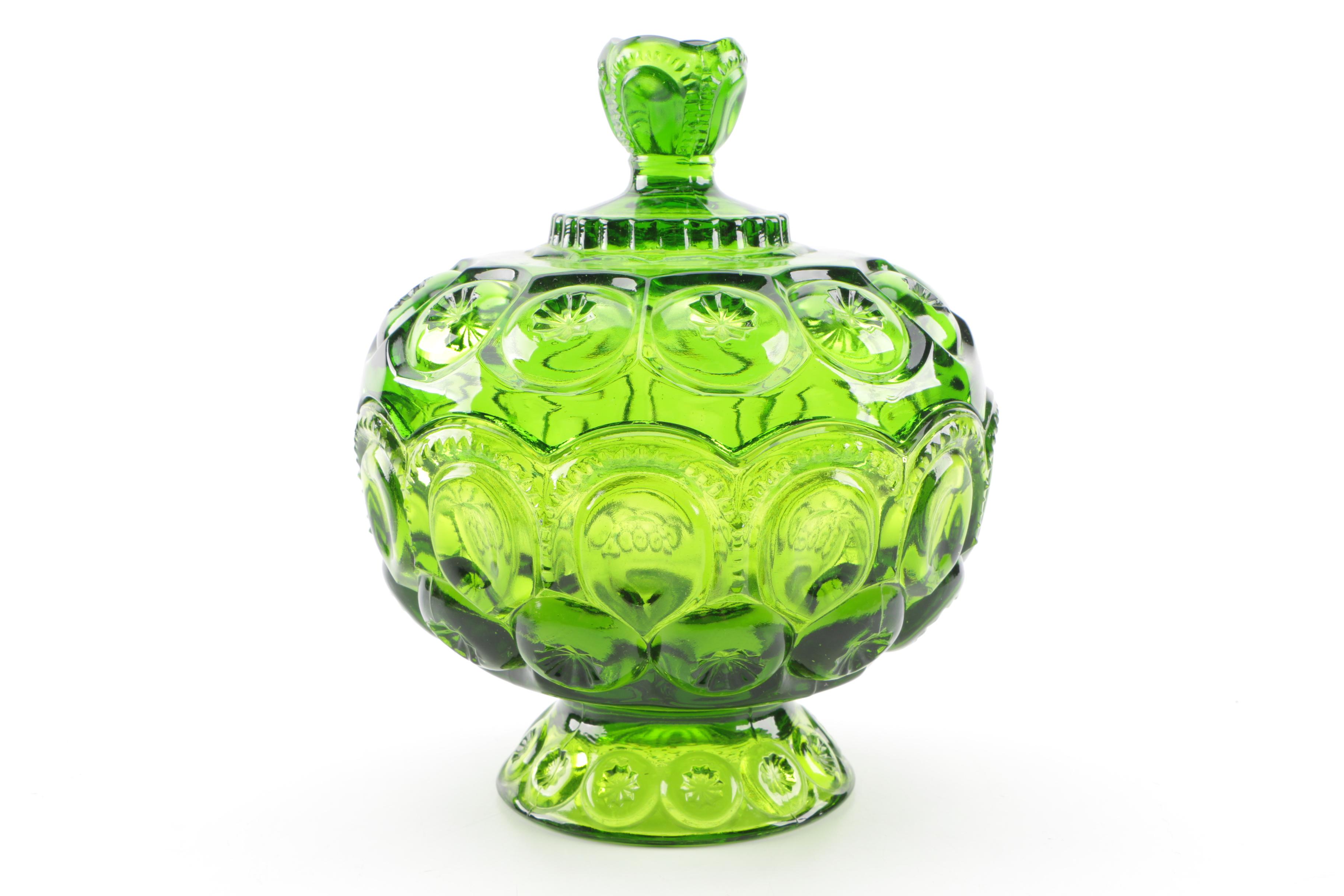 Green "Moon and Stars" Pressed Glass Candy Dishes