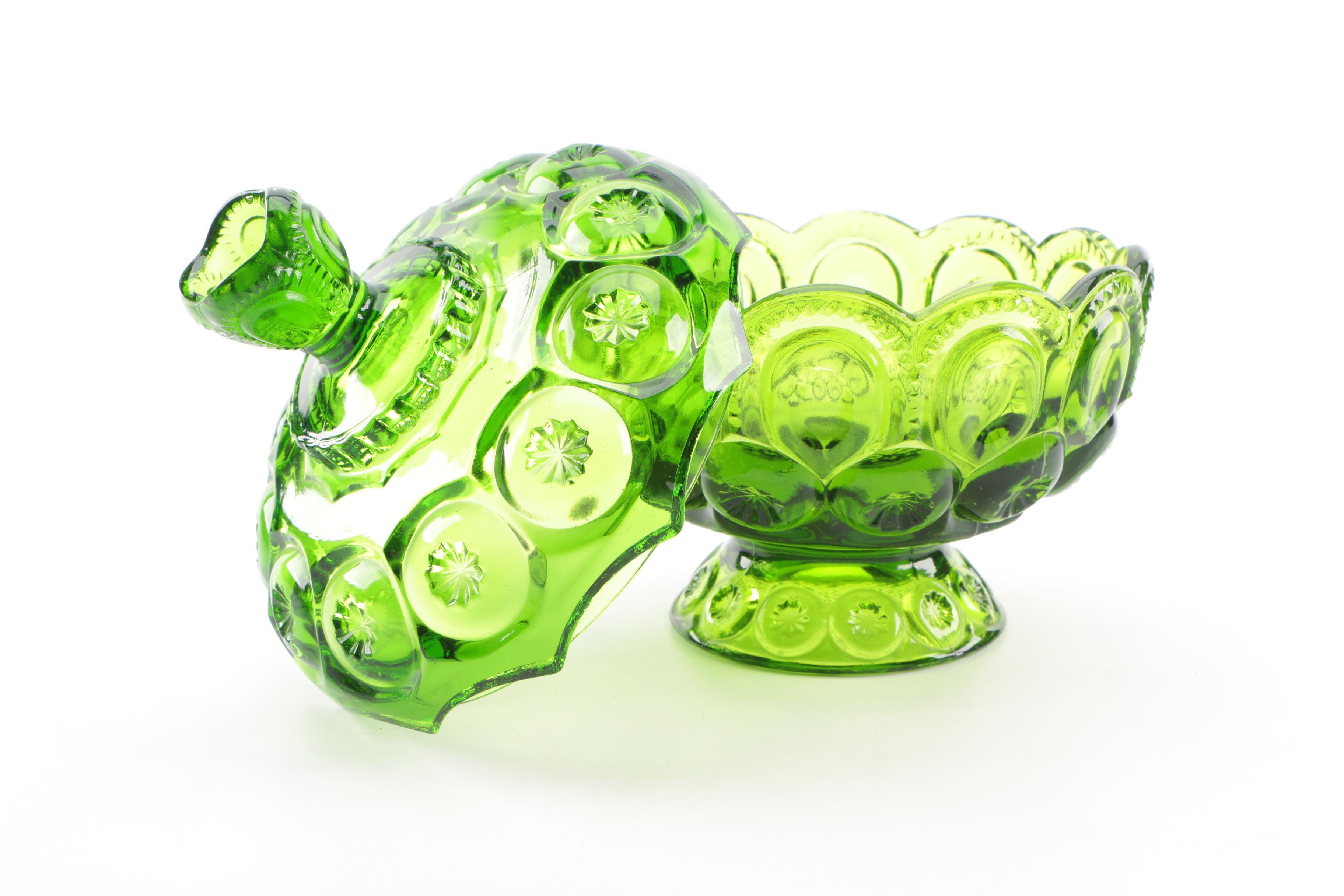 Green "Moon and Stars" Pressed Glass Candy Dishes