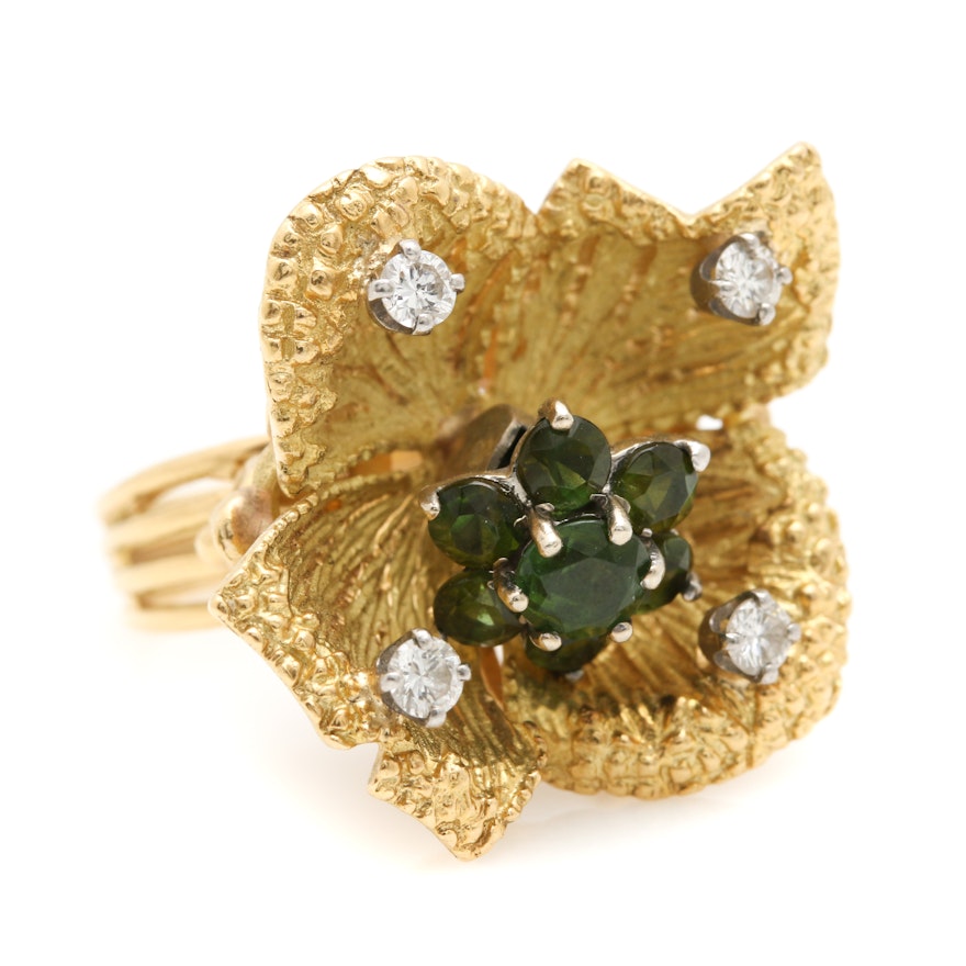 18K Two Tone Gold Green Tourmaline and Diamond Floral Ring