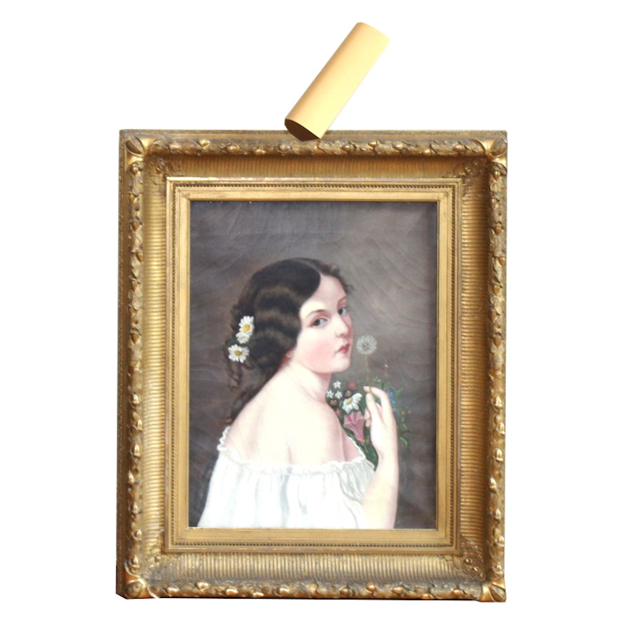 Antique Oil on Canvas Portrait of a Young Woman