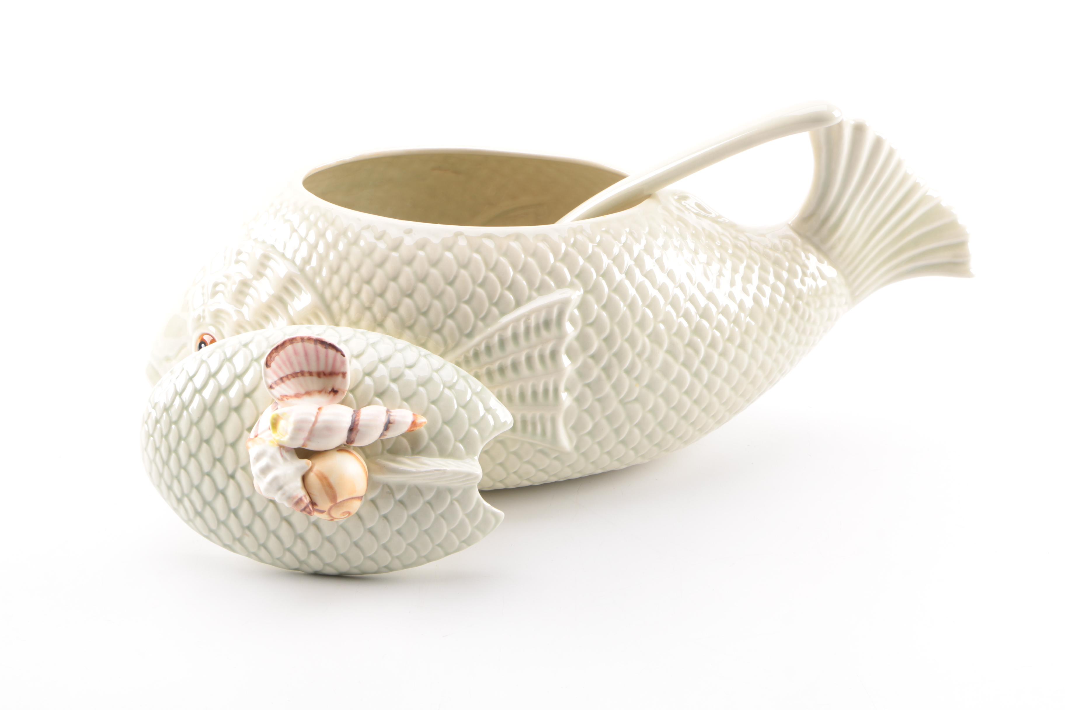 Ceramic Fish Soup Tureen and Ladle