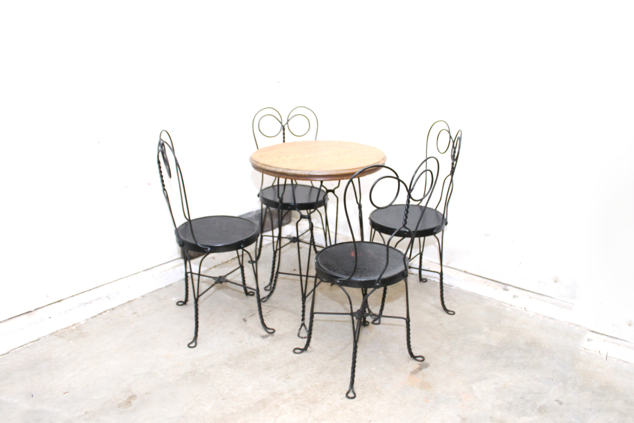 Antique Oak and Wrought Iron Ice Cream Table and Chairs