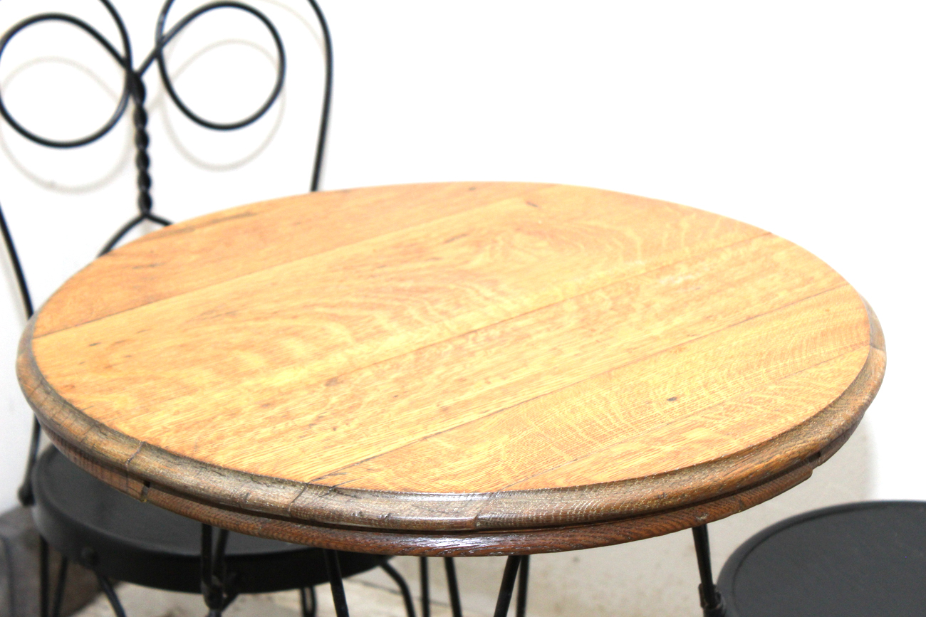 Antique Oak and Wrought Iron Ice Cream Table and Chairs