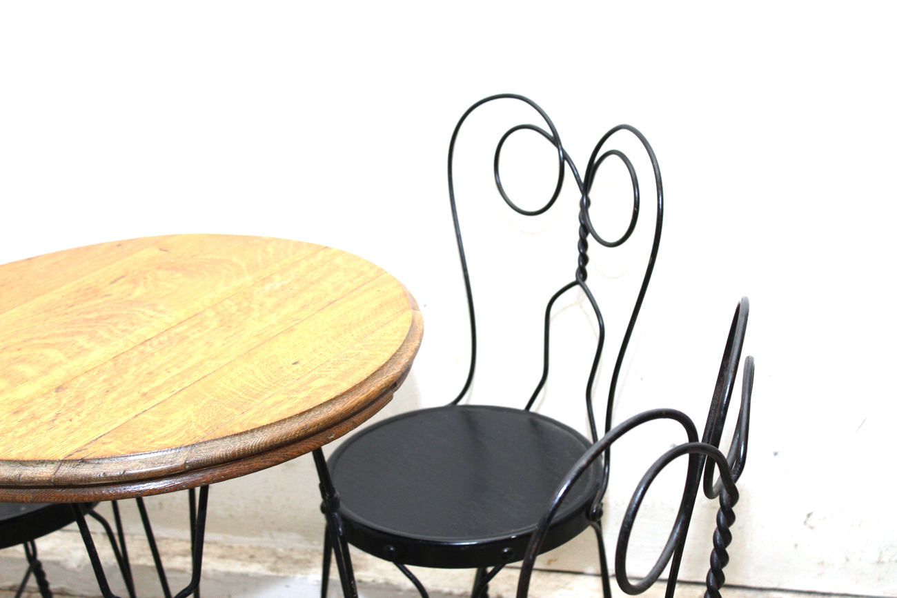 Antique Oak and Wrought Iron Ice Cream Table and Chairs