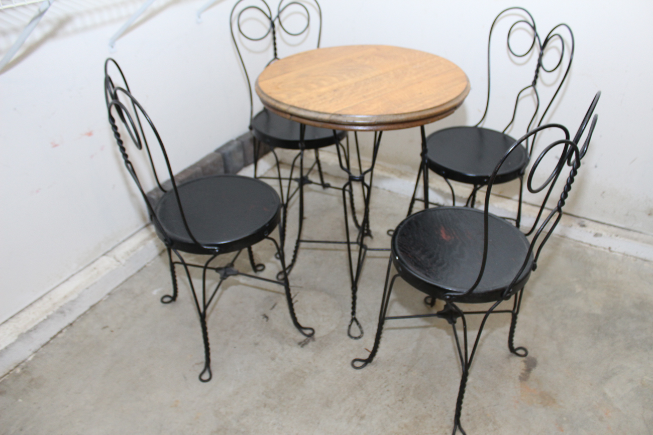 Antique Oak and Wrought Iron Ice Cream Table and Chairs