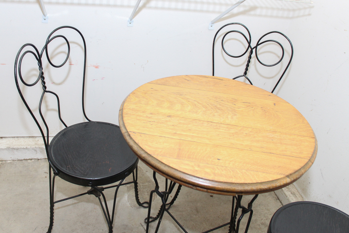 Antique Oak and Wrought Iron Ice Cream Table and Chairs
