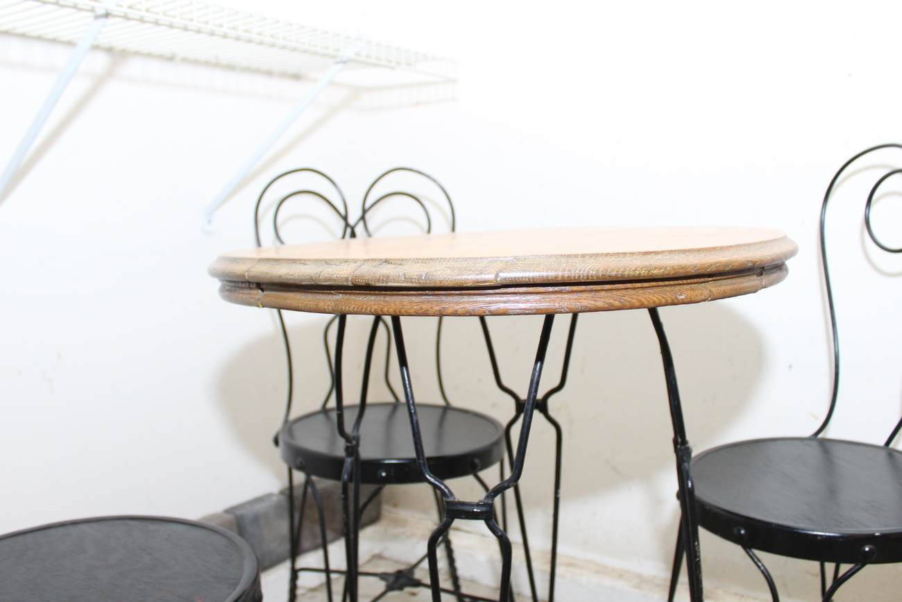 Antique Oak and Wrought Iron Ice Cream Table and Chairs