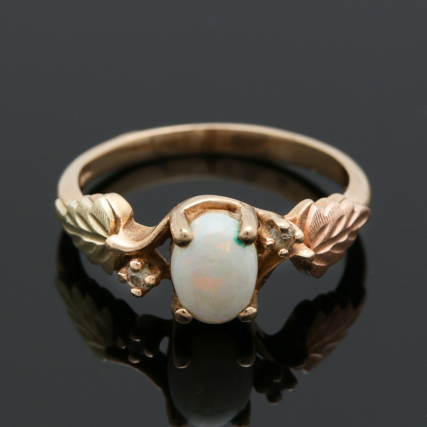 10K Yellow Gold Opal and Diamond Foliate Ring