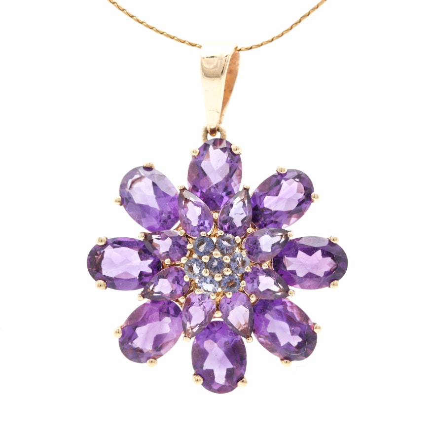 10K and 14K Yellow Gold Amethyst and Iolite Pendant Necklace