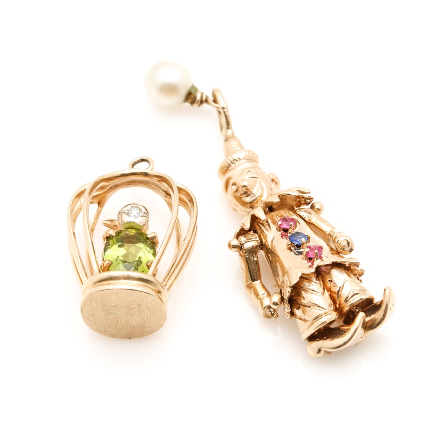 14K Yellow Gold Diamond and Gemstone Figural Charms