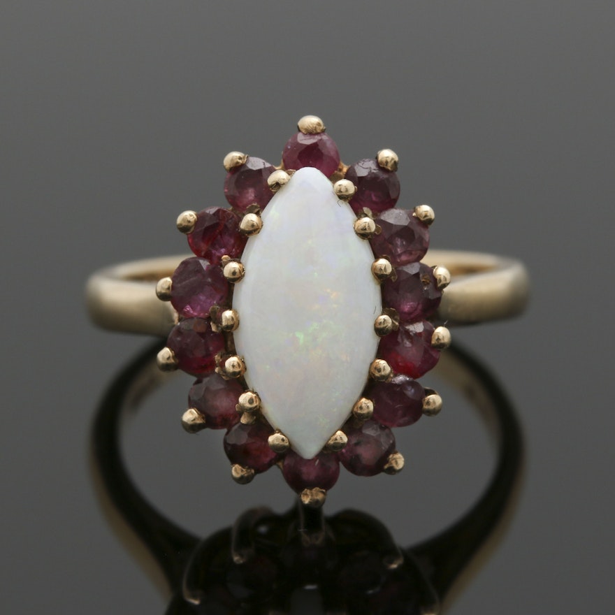 9K Yellow Gold Opal and Ruby Ring