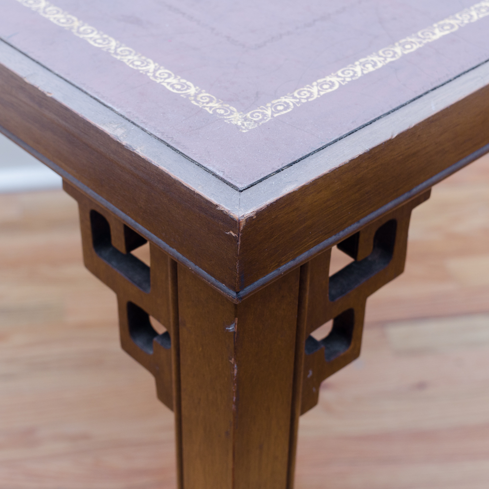 Vintage Chinese Chippendale Style Side Table with Leather Pad