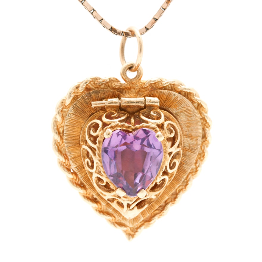 14K Yellow Gold Pink Sapphire Heart Locket Pendant Necklace