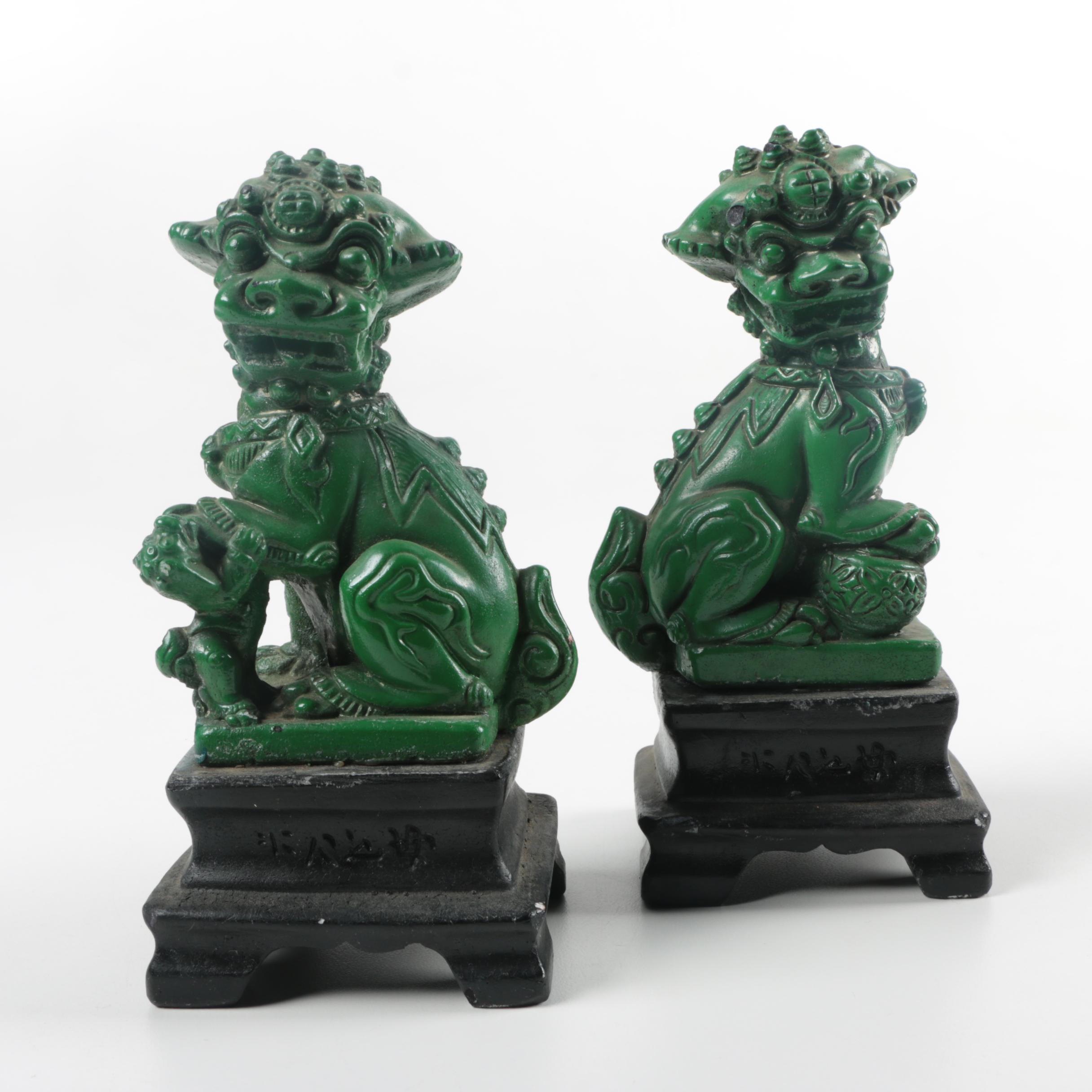 Green Guardian Lion Figurines on Black Bases