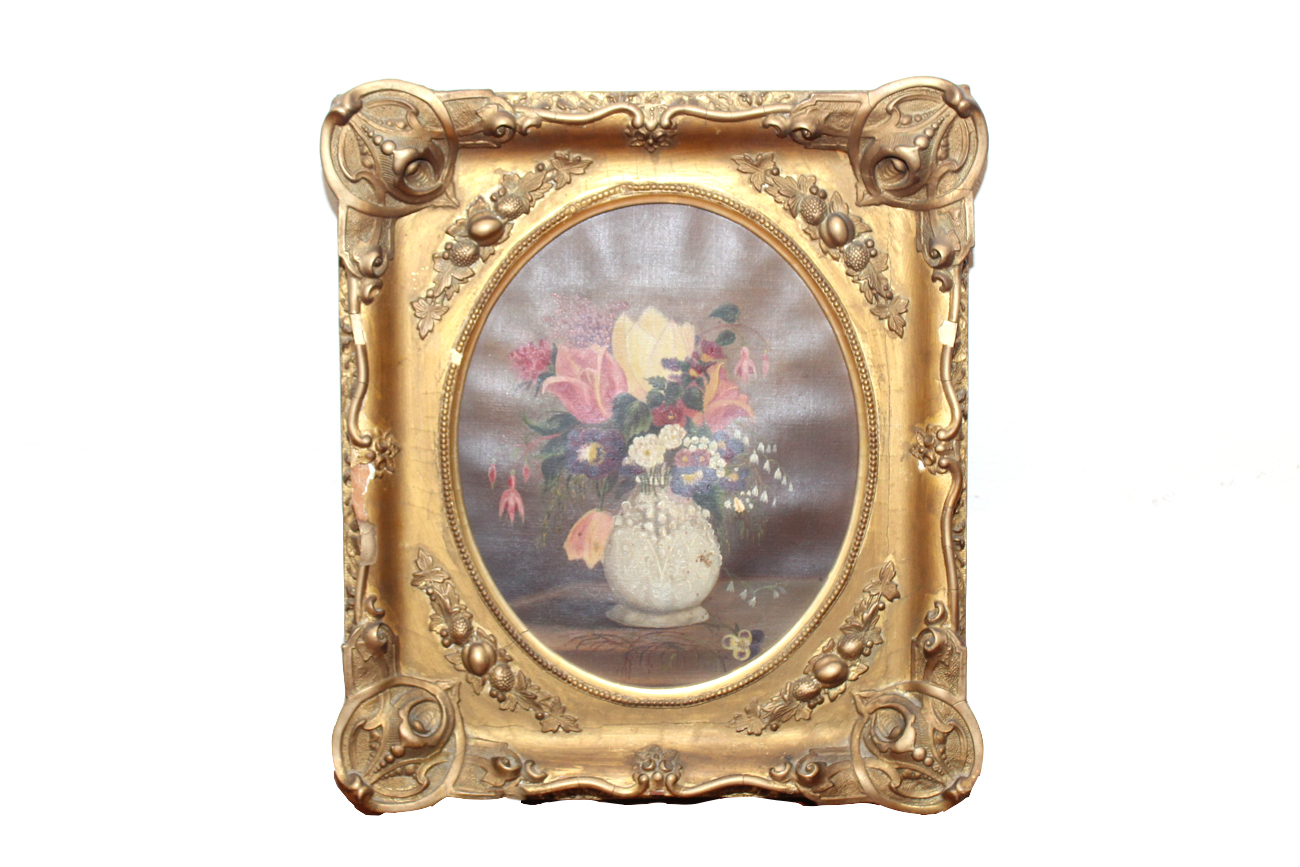 Antique Oil on Canvas Floral Still Life in Period Oval Frame