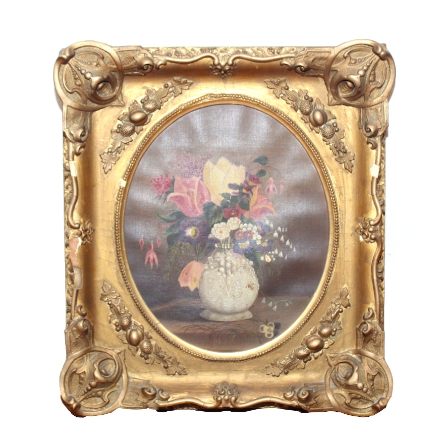 Antique Oil on Canvas Floral Still Life in Period Oval Frame