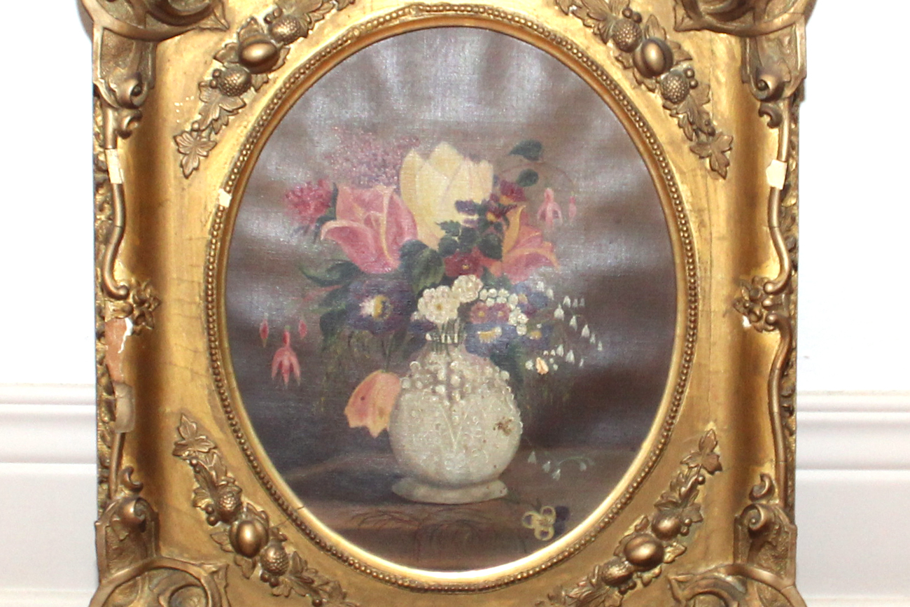 Antique Oil on Canvas Floral Still Life in Period Oval Frame