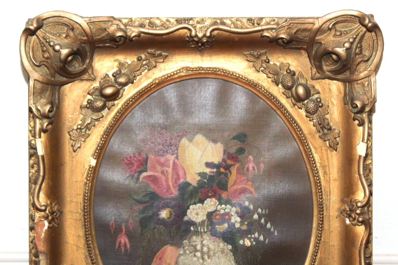 Antique Oil on Canvas Floral Still Life in Period Oval Frame