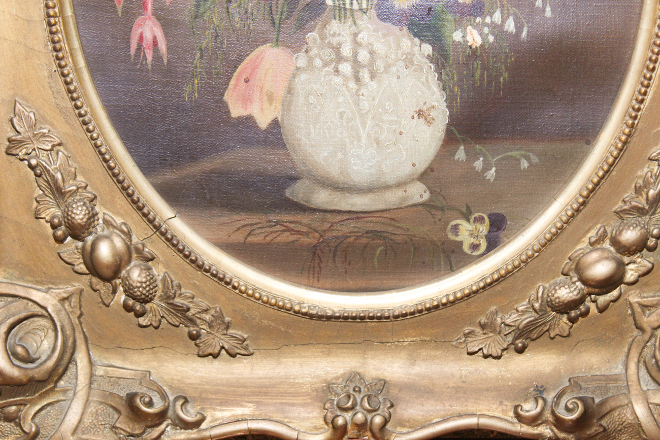 Antique Oil on Canvas Floral Still Life in Period Oval Frame