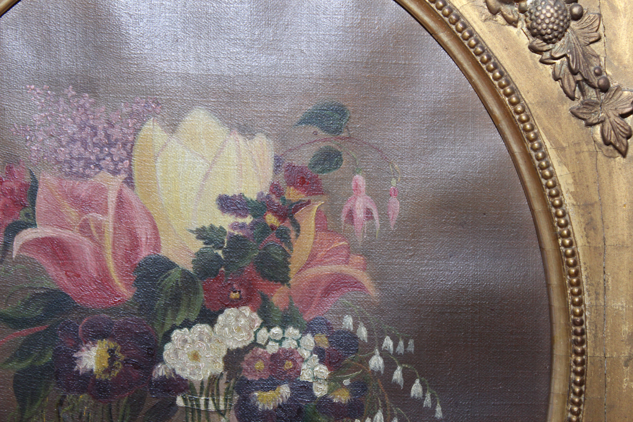 Antique Oil on Canvas Floral Still Life in Period Oval Frame