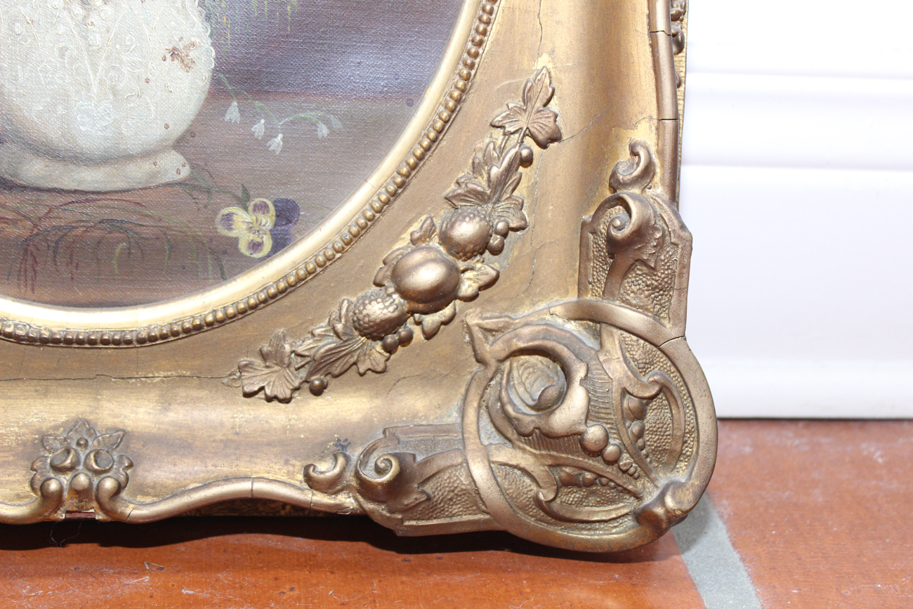 Antique Oil on Canvas Floral Still Life in Period Oval Frame