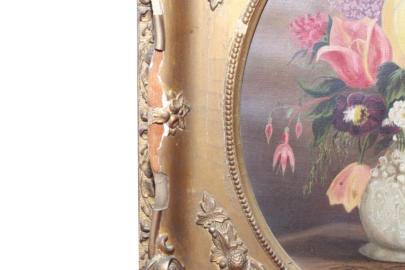 Antique Oil on Canvas Floral Still Life in Period Oval Frame