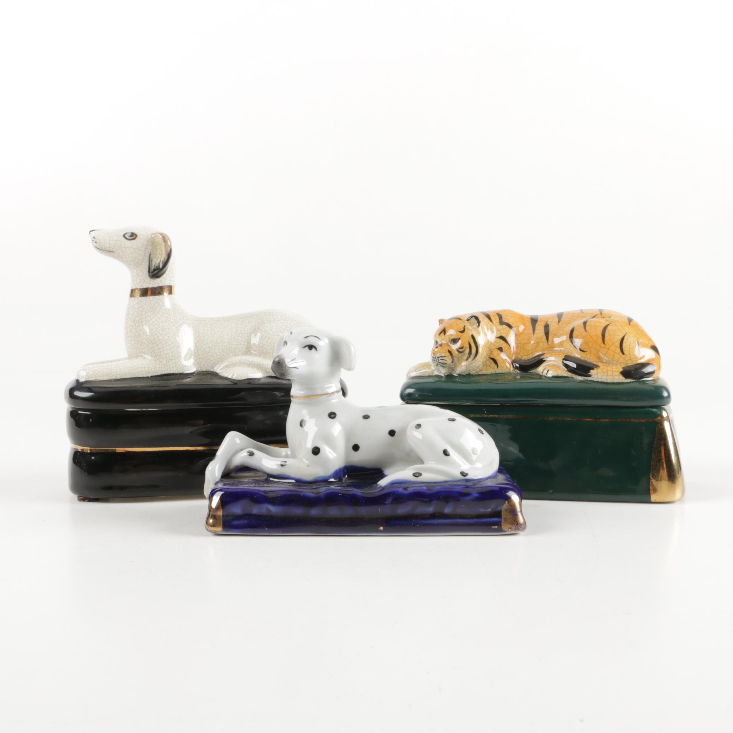 Hand-Painted Ceramic Animal Trinket Boxes and Figurine