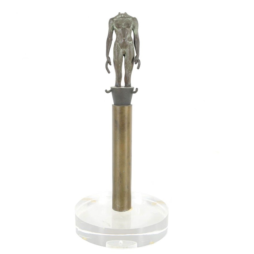 Antique Bronze Torso Sculpture on Bronze and Lucite Stand