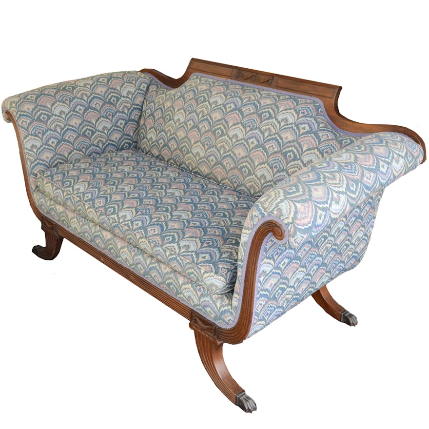 Duncan Phyfe Style Settee with Peacock Fabric