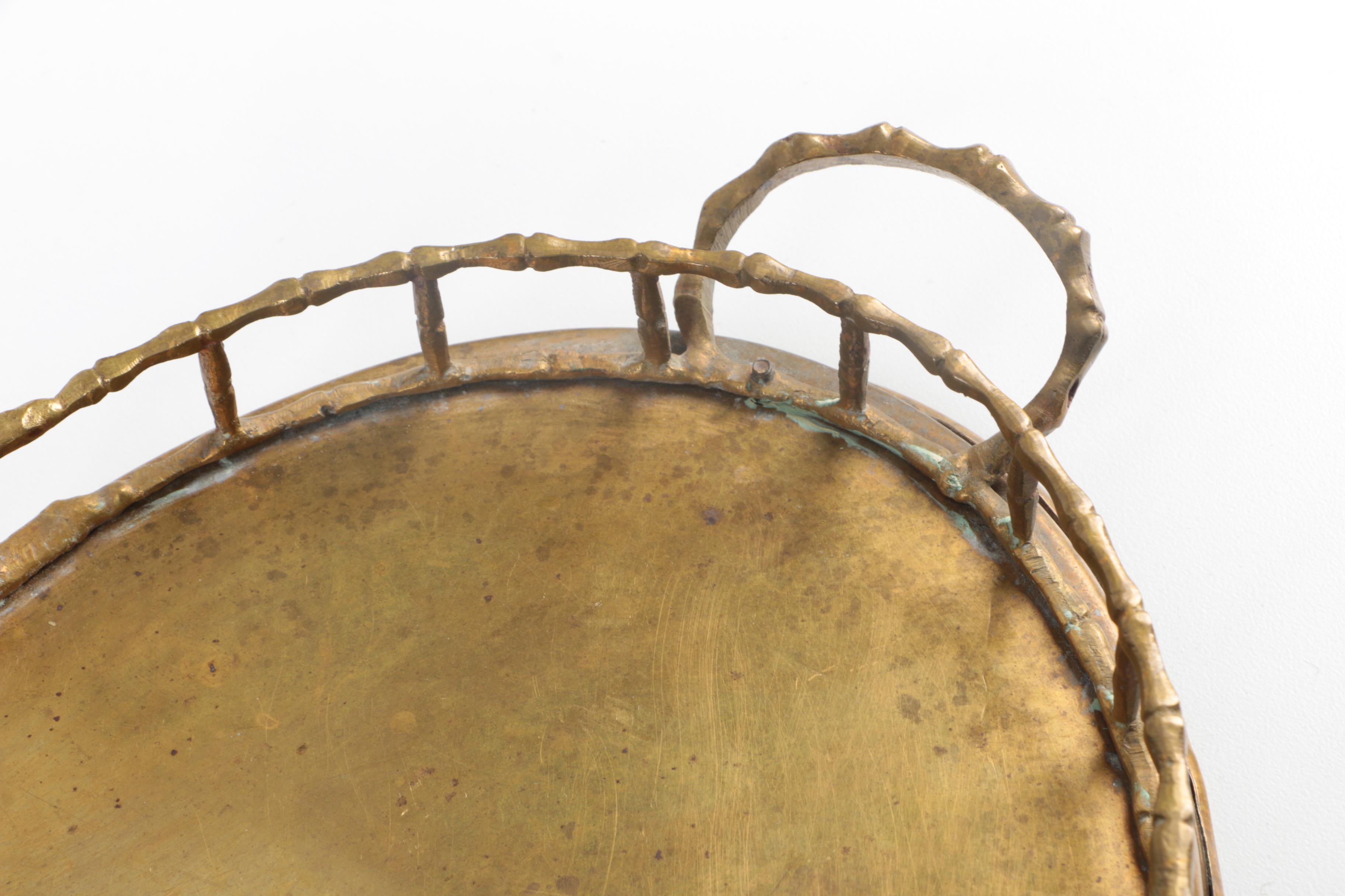 Mid Century Brass Serving Trays with Bamboo Inspired Rails