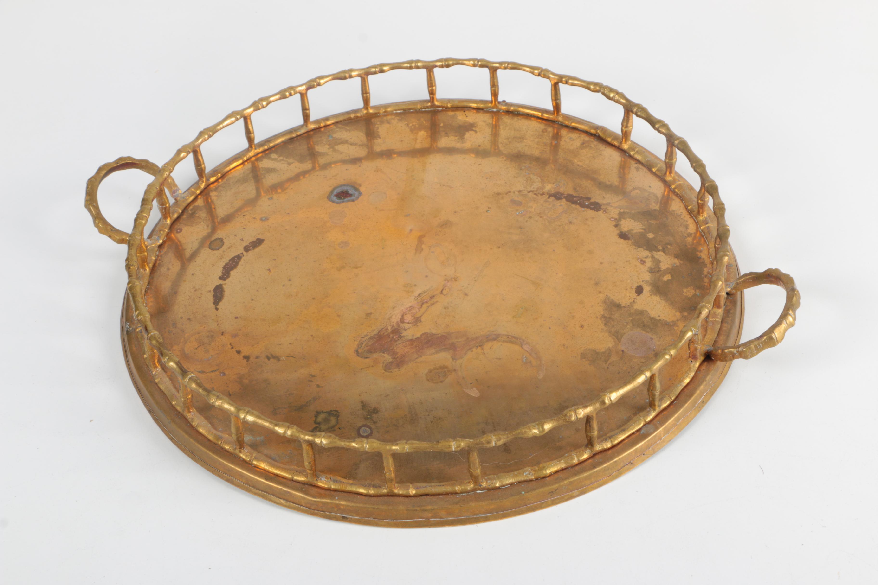 Mid Century Brass Serving Trays with Bamboo Inspired Rails