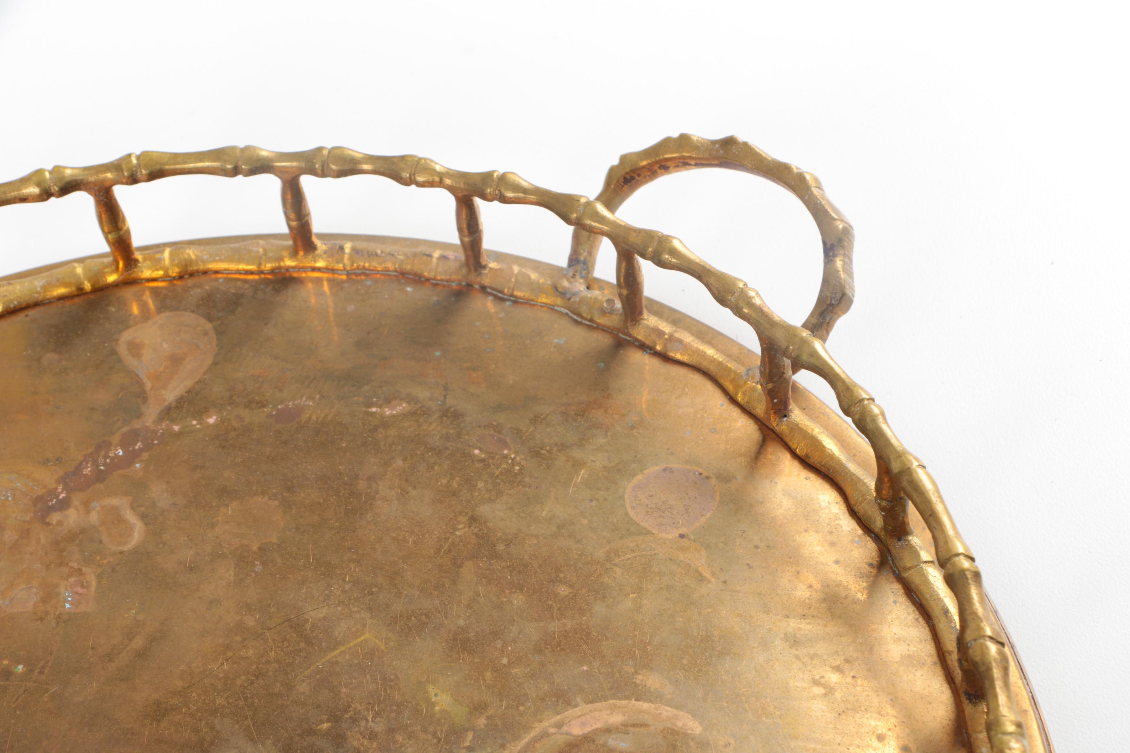 Mid Century Brass Serving Trays with Bamboo Inspired Rails