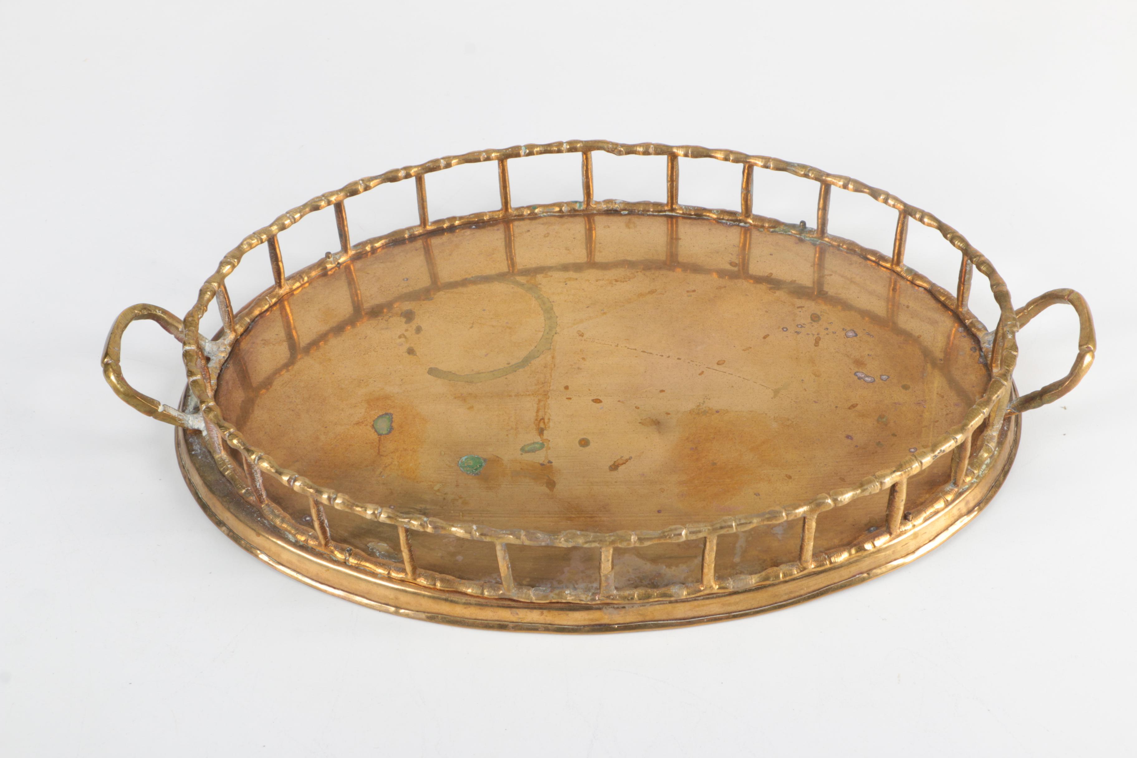 Mid Century Brass Serving Trays with Bamboo Inspired Rails