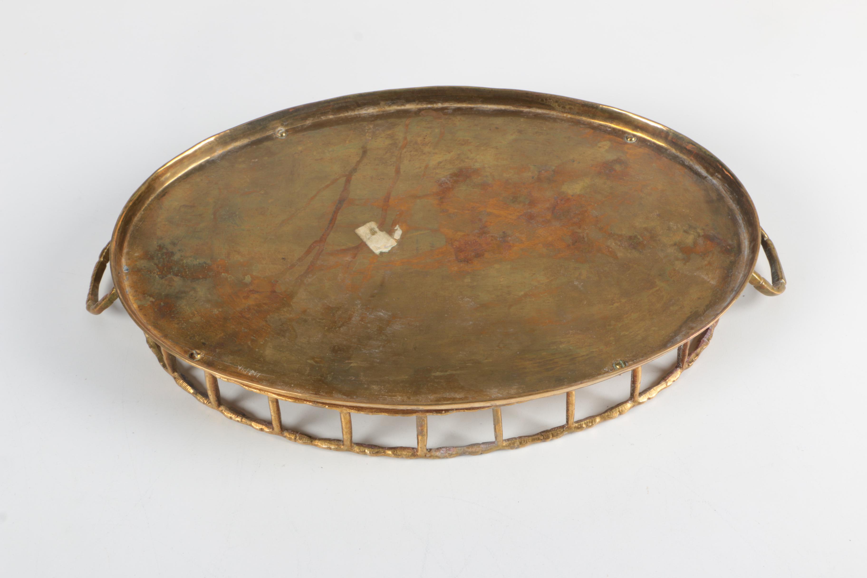 Mid Century Brass Serving Trays with Bamboo Inspired Rails