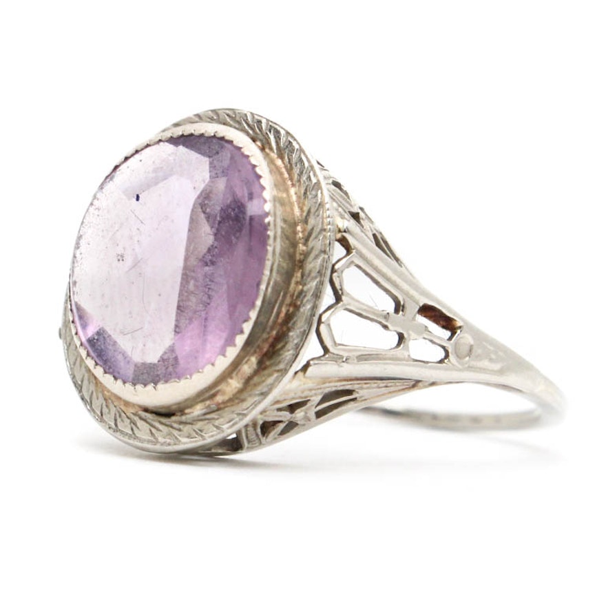 Art Deco 14K White Gold Natural Amethyst Ring