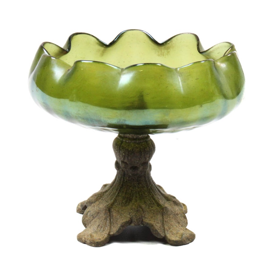 Iridescent Art Glass Bowl on Metal Base