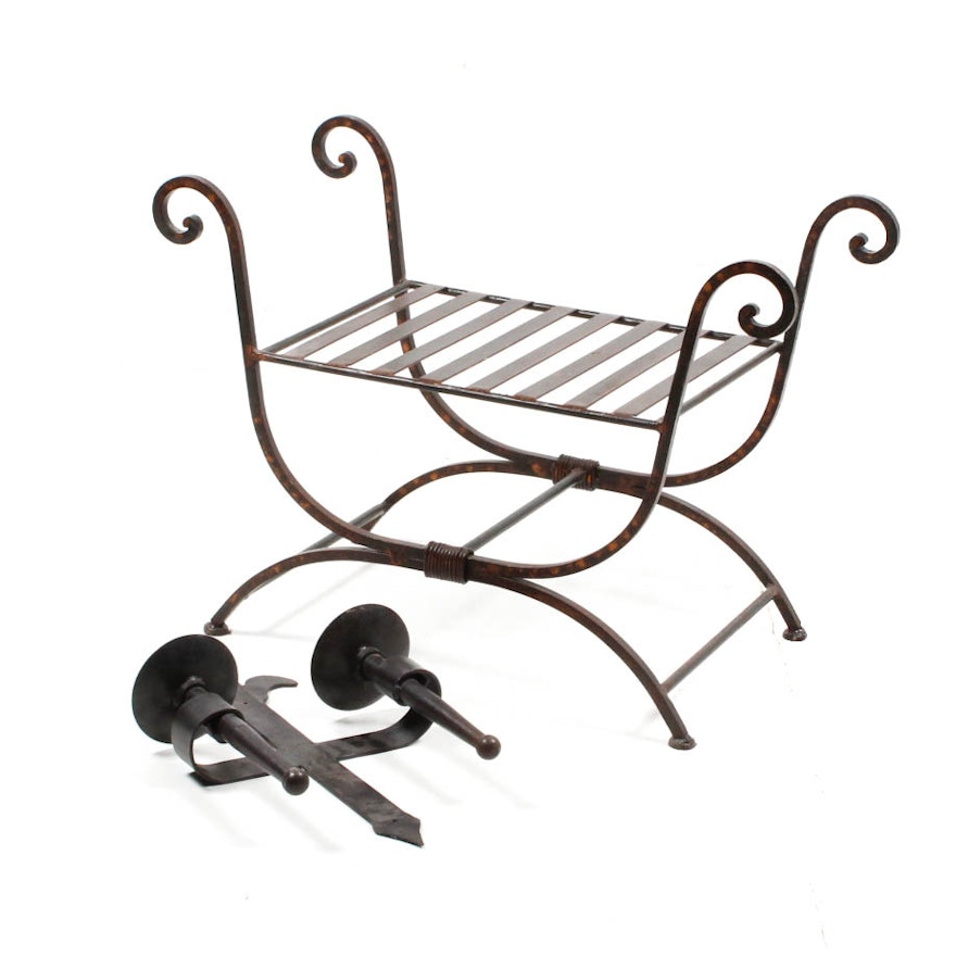 Wrought Iron Bench and Candle Sconce