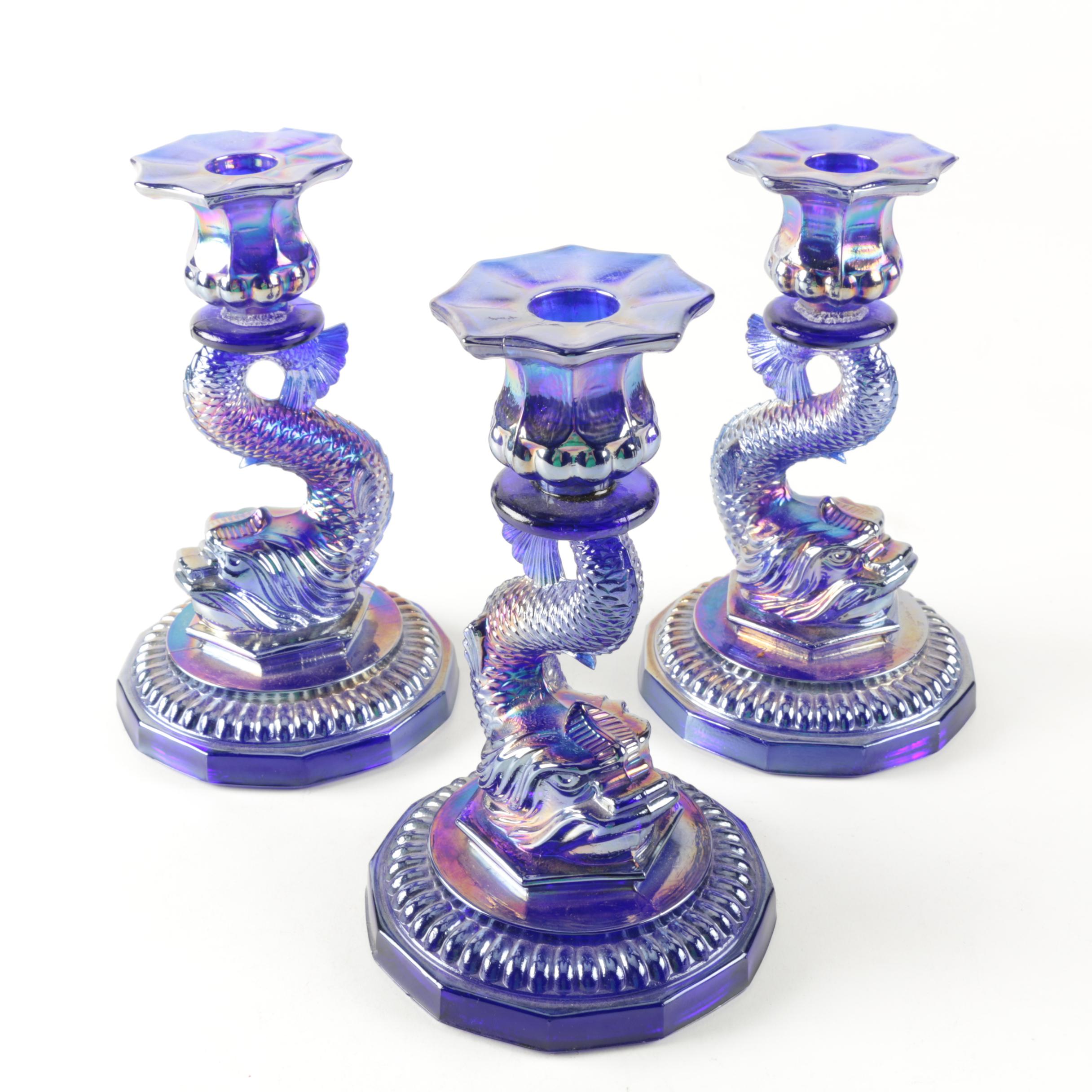 Carnival Glass Dolphin Candlesticks